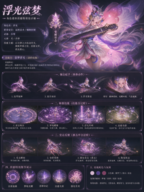 魔幻写实风格，武器是古琴的游戏角色，进阶技能特效设计稿，包含施法起手、释放技能、受击全流程预览效果