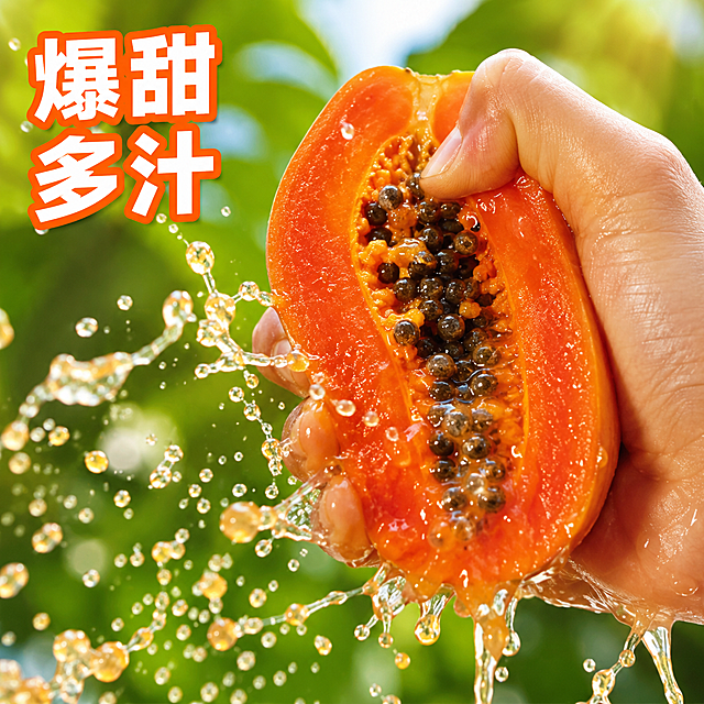 [主图-4] 冰糖木瓜爆汁体验展示。[氛围风格] 动态诱人，充满食欲。[画质] 高速抓拍商业摄影，动态清晰不模糊，画质高级。[元素] 手握住一半冰糖木瓜，用力挤压，鲜甜果汁从果肉中飞溅出来，形成漂亮的水珠轨迹。保持木瓜果肉结构颜色与输入产品图完全一致，杜绝变形。主体占比约70%，画面干净饱满。[光影] 自然光逆光，果汁水珠产生透亮高光，果肉橙红更加鲜亮。[配色] 主色橙红果肉，透明果汁高光，背景浅绿木瓜叶衬托，清新干净。[视角构图] 平视抓拍，动态瞬间定格，飞溅水珠在前景增加层次感。[文字版式] 画面左上大字「爆甜多汁」，白色粗体，橙色外描边，醒目清晰。[比例分辨率] 1:1 比例，2048x2048分辨率，文字清晰可辨，超高清。[负向提示词] 变形，水印，文字错乱，产品图模糊，背景杂乱，动态模糊。