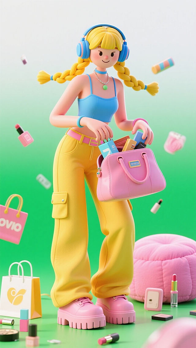 潮酷个性女生，黄色辫子戴蓝色耳机，穿蓝色吊带、黄色阔腿裤，正在打开包查看买的东西，脚踩粉色厚底鞋。周围有购物袋、粉色坐垫，散落化妆品，背景绿白渐变