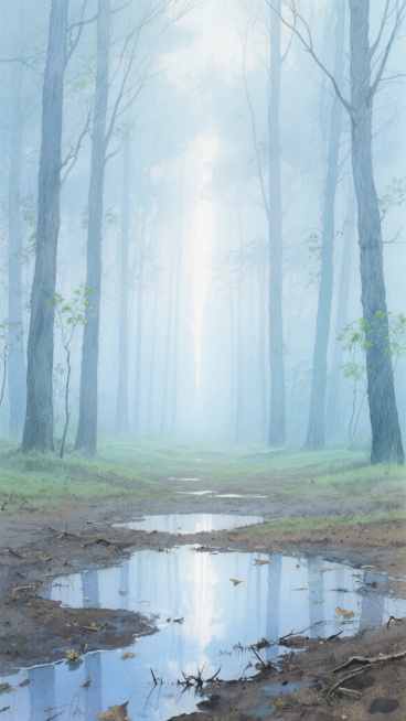 水彩风格的自然景观插画，画面整体以清澈的冰蓝色与薄荷绿为主色调，呈现出宁静清冷的氛围。前景是湿润的泥土地面，有不规则的水洼倒映着天光，地面散落着细小的枯枝败叶。中景是一片薄雾弥漫的森林，高大的树木树干挺拔，树干颜色为浅灰蓝色，树枝上点缀着少量嫩绿色的枝叶。背景是朦胧的雾气，光线从雾气中柔和地穿透下来，形成淡淡的光柱，整个画面构图采用纵深式布局，光影柔和，笔触呈现出水彩特有的透明晕染质感，色彩过……预览效果