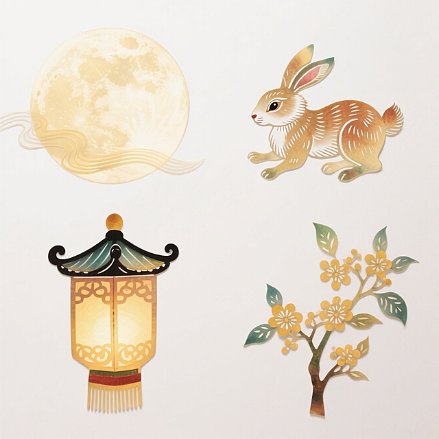 明亮鲜艳配色的素材（2X2规整排布）：圆月、玉兔、灯笼、桂花。纯白色背景