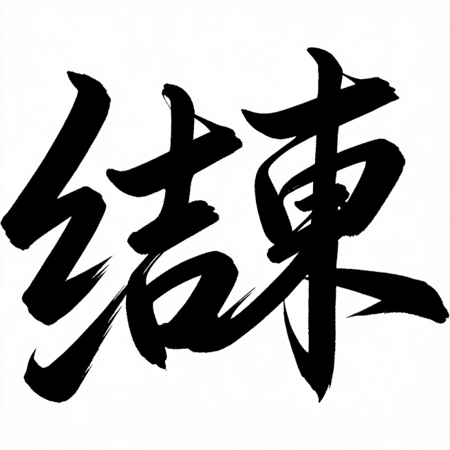参考图风格，两个字"结束"，手写行书毛笔字体，粗犷有力的笔画，粗细对比强烈，笔画末端锐利斜切，结构互相穿插紧密咬合，整体姿态向右倾斜富有动感，黑色字体，纯白色干净背景，无任何装饰元素，仅包含这两个字，预览效果