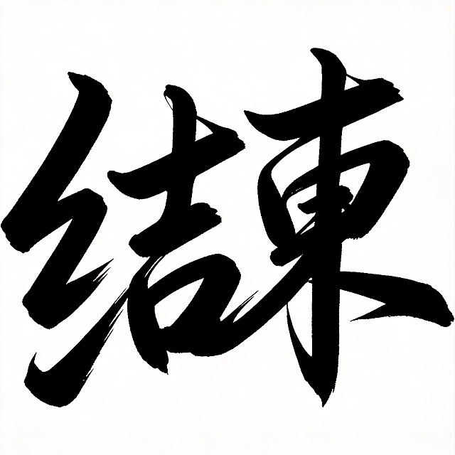 参考图风格，两个字"结束"，手写行书毛笔字体，粗犷有力的笔画，粗细对比强烈，笔画末端锐利斜切，结构互相穿插紧密咬合，整体姿态向右倾斜富有动感，黑色字体，纯白色干净背景，无任何装饰元素，仅包含这两个字，画面中只能出现"结束"两个字，不得出现参考图中的原文字，不得增加、遗漏或替换任何一个字。文字整体必须完整呈现在画面内不可被裁切，四周留有安全边距。
