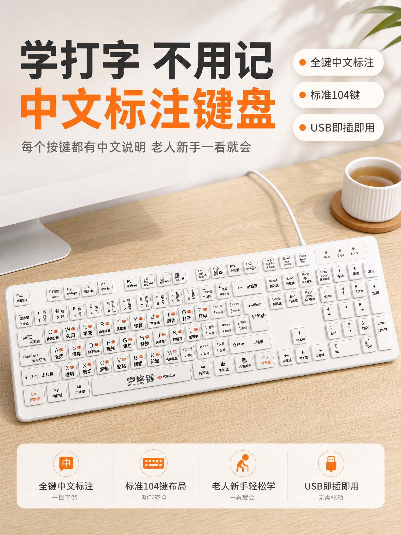 [商品] 使用【图1】白色中文标注学习键盘；保留104键标准布… - 图片创意预览