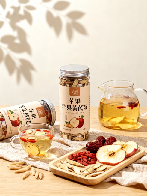 高端电商商业摄影作品，采用浅色背景与浅原木质桌面搭配亚麻布，营造温暖、健康的氛围。中心画面以苹果黄芪茶产品（罐装）为视觉中心，体现产品立体感。

前景布局（左侧）：
透明玻璃小茶杯置于画面左下前景，盛预览效果