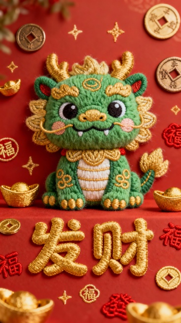 一张具有浓厚毛绒质感的发财主题海报，主体是一只绿色和金色刺绣风格的可爱貔貅，它周围环绕着铜钱和金元宝等财富元素，正下方是繁体金色“发财”二字，字体圆润可爱，非书法体，周围点缀着金色和红色的吉祥刺绣文字与图案，整体采用温暖的红色和金色为主色调，营造出喜庆、富贵的氛围，视觉层级清晰，核心信息突出，排版设计精美，文字与图像融合自然，能高效传达发财的美好祝愿。预览效果