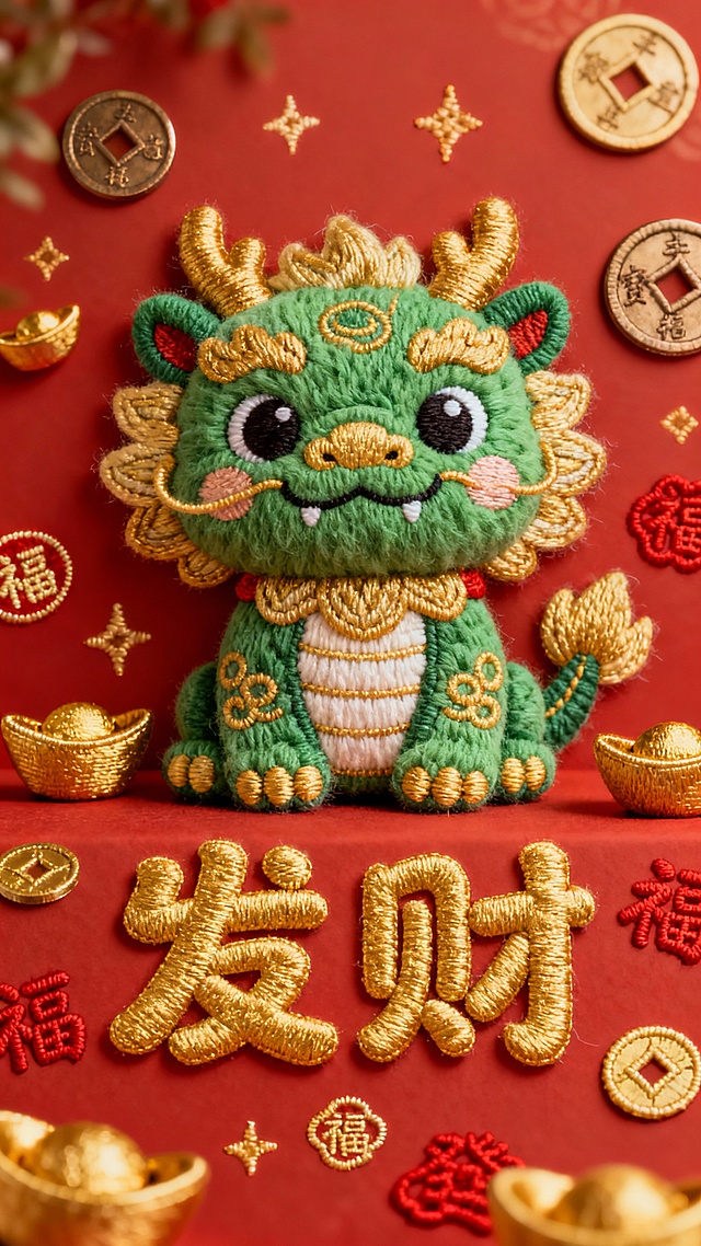 一张具有浓厚毛绒质感的发财主题海报，主体是一只绿色和金色刺绣风格的可爱貔貅，它周围环绕着铜钱和金元宝等财富元素，正下方是繁体金色“发财”二字，字体圆润可爱，非书法体，周围点缀着金色和红色的吉祥刺绣文字与图案，整体采用温暖的红色和金色为主色调，营造出喜庆、富贵的氛围，视觉层级清晰，核心信息突出，排版设计精美，文字与图像融合自然，能高效传达发财的美好祝愿。