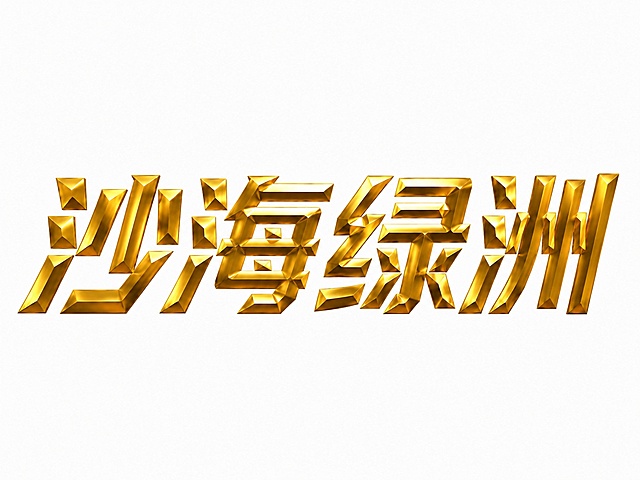将"沙海绿洲"四个金色立体海报字体整体调整为向右倾斜，保持金色金属质感、纯白色干净背景和海报字体风格不变，文字完整显示不裁切，仅包含"沙"、"海"、"绿"、"洲"四个字。