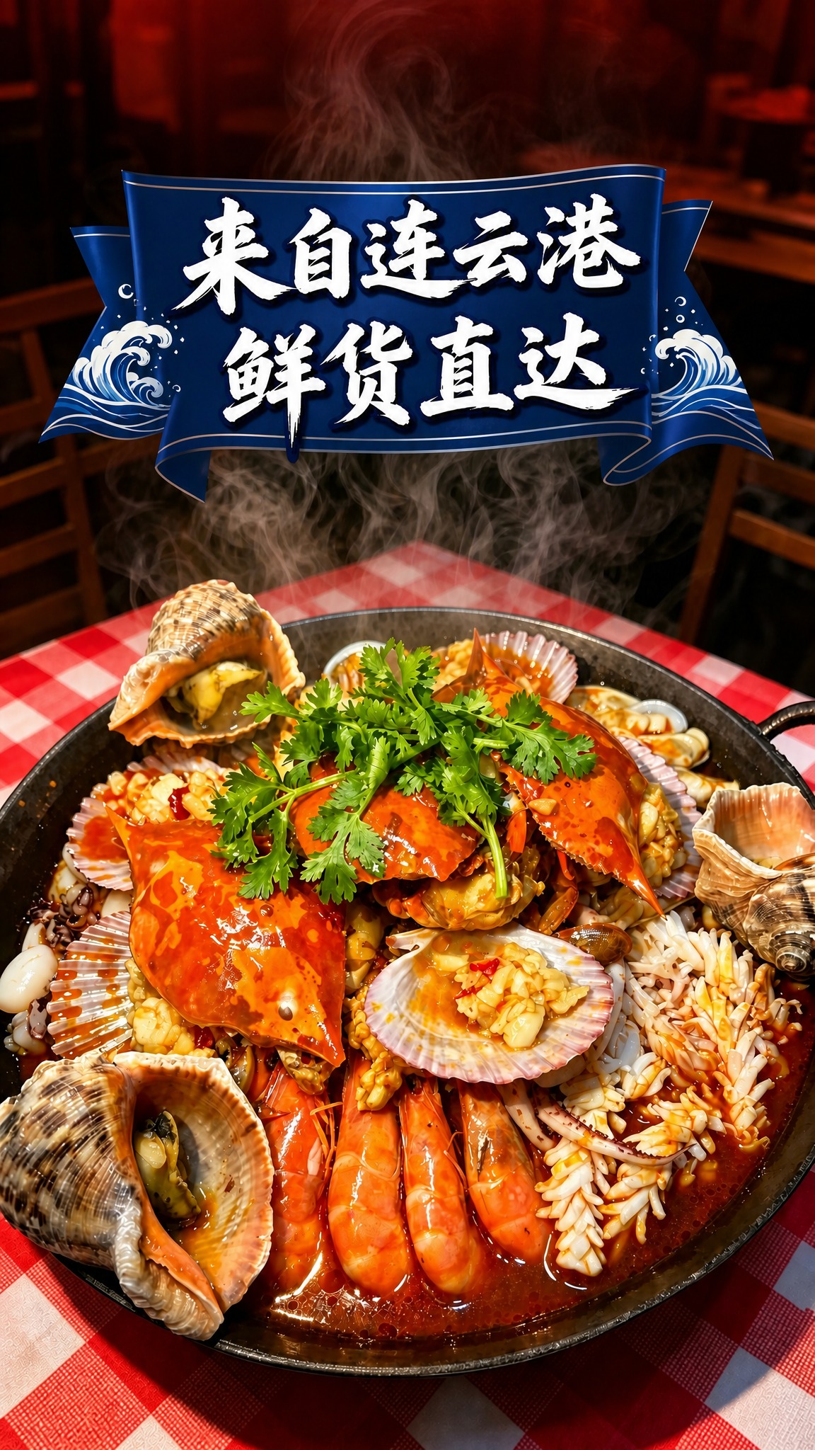 将这张海鲜海报上方添加的文字"来自连云港"和"鲜货直达"整体适… - 图片创意预览