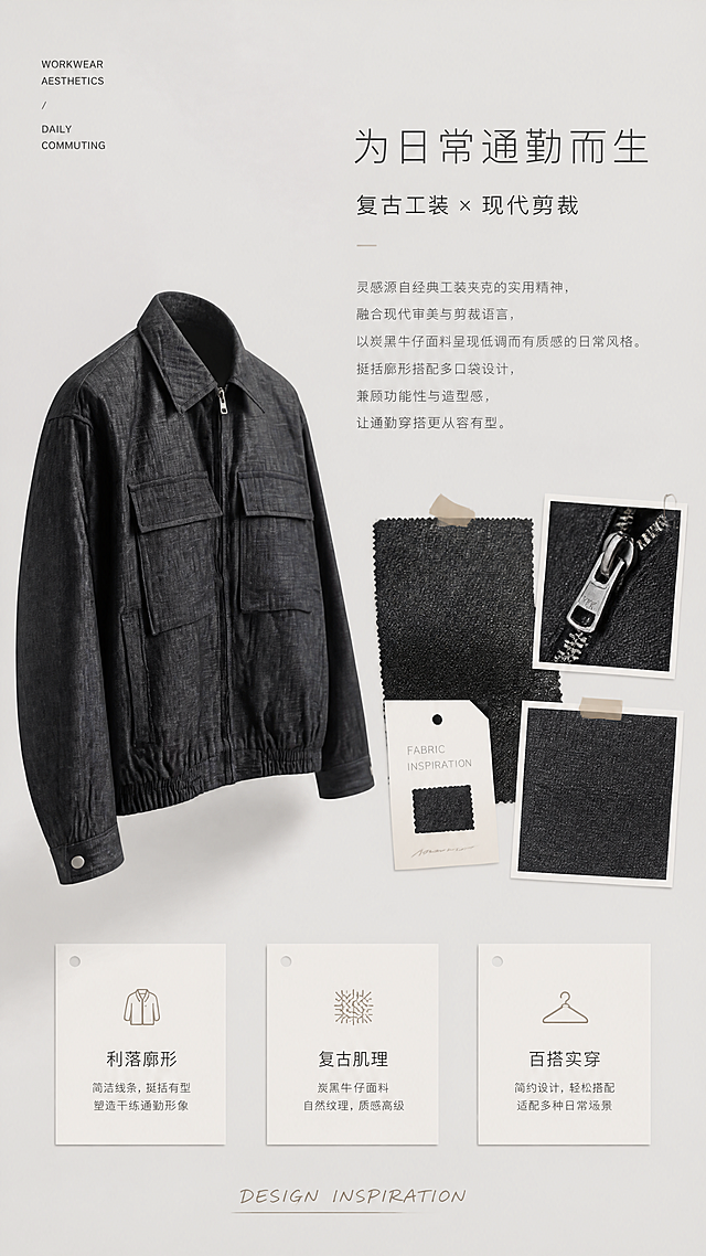 [第2张] 设计理念与风格关键词页-炭黑牛仔翻领工装夹克。本张使用【图1】作为商品主体，保持产品结构颜色一致。
[氛围/风格] 极简杂志内页风，高级灰调，灵感拼贴感，文艺有质感。
[元素布局] 画面左侧为夹克45°斜侧视角，占比约45%，悬浮于浅灰背景中；右侧为设计理念文字区，下方排列3个风格关键词卡片，卡片旁点缀牛仔面料小样、拉链头特写、缝线细节等小元素拼贴；整体像设计手稿灵感板。
[光影质感] 均匀柔光漫射，夹克边缘有柔和轮廓光，细节小图有轻微投影，整体干净通透。
[配色色系] 全局底色 #F2F2F2 浅米灰；主色炭黑；辅助色深灰文字、米白卡片、浅棕点缀。
[视角构图] 左图右文横向布局，阅读动线从左产品 → 右上标题 → 右下关键词卡片。
[文字版式] 右上主标题「为日常通勤而生」，细黑体大号字，字距宽松；下方副标题「复古工装 × 现代剪裁」，更小字号；底部3个关键词卡片横向排列，分别为「利落廓形」「复古肌理」「百搭实穿」，每个卡片配细线图标；卡片下方加手写体英文「DESIGN INSPIRATION」。
[比例分辨率] 9:16 竖版比例，4K 分辨率，文字清晰可辨，高清画质。
[负向提示词] 夹克变形，颜色偏差，文字错乱，文字过小，水印，背景杂乱，元素拥挤。