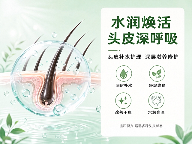 [第1张] 头皮补水护理套餐核心功效详情页（补水套餐专用）。本张使用【图9】作为养发师操作主体参考，【图3】作为补水原理视觉参考。
[氛围/风格] 简约高级，清新自然，养发护理商业质感，柔和光感。
[元素布局] 画面左侧为头皮毛囊补水原理示意图（毛囊被透明水分子包裹，水润饱满状态），占比约45%；右侧为文字信息区；背景为浅薄荷绿渐变，底部有淡绿色水波纹和叶片装饰元素；整体干净通透。
[光影质感] 顶部柔光漫射，整体明亮均匀，毛囊示意图有通透水光质感，阴影柔和自然。
[配色色系] 全局底色 #E8F5E9 浅薄荷绿渐变；主色 #2E7D32 深绿；辅助色 #81C784 浅绿、白色信息卡片。
[视角构图] 正面平视，左右分栏构图，阅读动线从左至右，左图右文。
[文字版式] 右侧文字区：主标题「水润焕活 头皮深呼吸」，副标题「头皮补水护理 深层滋养修护」；下方4个圆形图标+文字卖点：「💧 深层补水」「🌿 舒缓维稳」「✨ 改善干痒」「💆 水润光泽」；底部小字说明「温和配方 适配多种头皮状态」。字体使用阿里巴巴普惠体，深绿色主标题，黑色正文，清晰可读。左上角不加logo。
[比例分辨率] 4:3比例，宽度1500像素，高度1125像素，4K分辨率，文字清晰可辨，高清画质。
[负向提示词] 虚假证书，好评截图，店铺照片，logo，变形，水印，文字错乱，文字过小，颜色偏差，背景杂乱。
