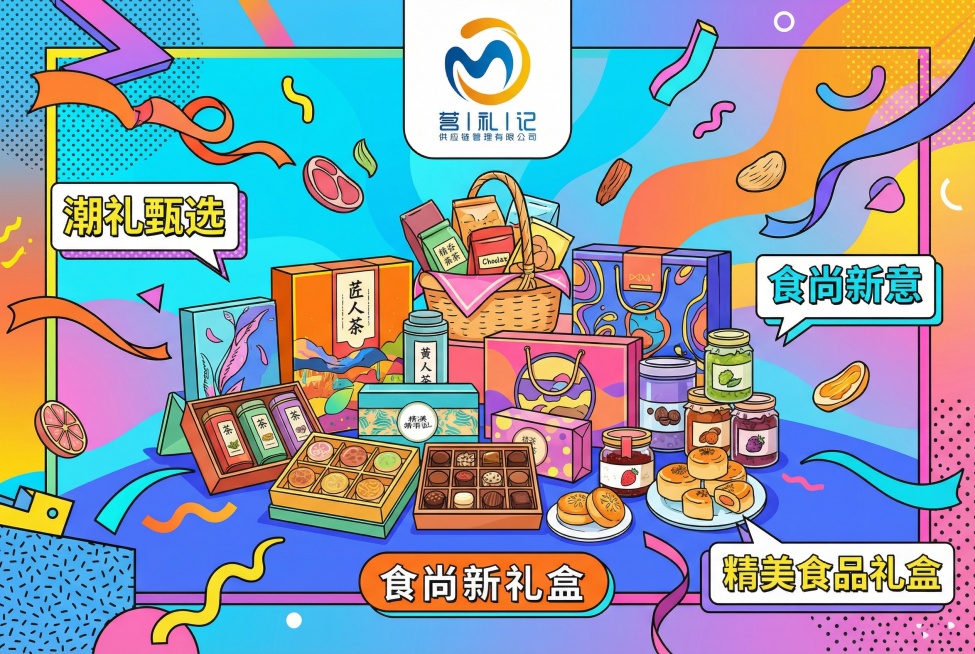 符合当下年轻人审美，有吸引力的精美食品礼品业务海报，画面包含上传的“茗礼记供应链管理有限公司”logo，搭配精致的食品礼品元素，色彩活泼明快，风格潮流时尚预览效果