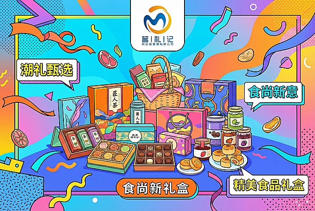 符合当下年轻人审美，有吸引力的精美食品礼品业务海报，画面包含上传的“茗礼记供应链管理有限公司”logo，搭配精致的食品礼品元素，色彩活泼明快，风格潮流时尚
