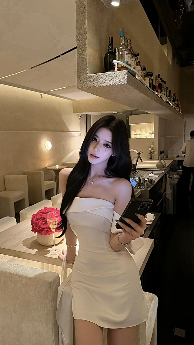 女生在清吧里自然地轻微晃动身体，轻轻眨眼，手部自然微动，头发有轻微飘动，动作自然流畅，保持人物和场景不变，真实自然的动态效果