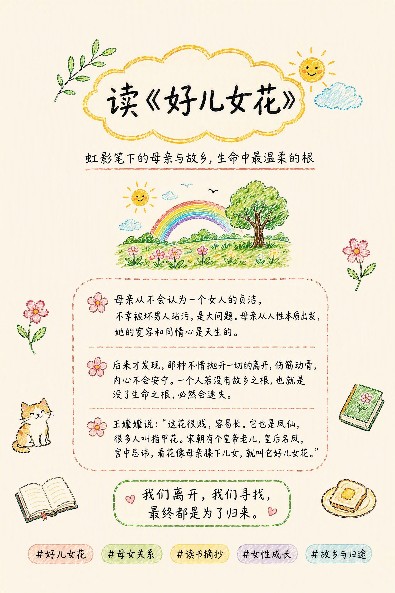 重新设计排版这张《好儿女花》读书摘抄海报，整体为米黄色纸张底色… - 图片创意预览