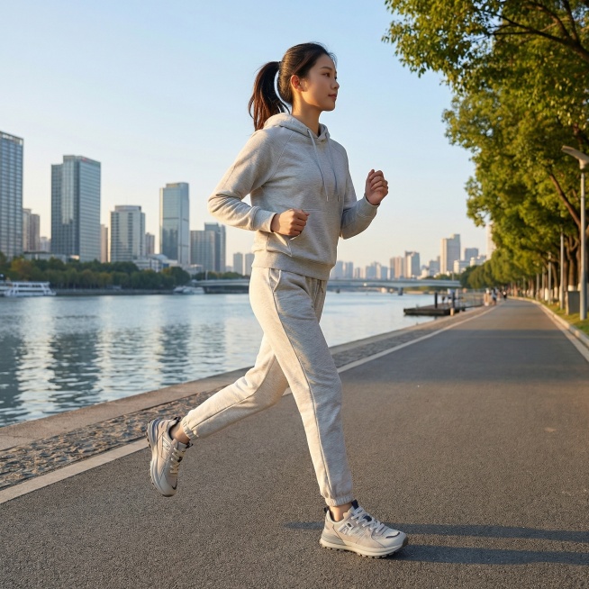 生成这双网面透气老爹鞋搭配浅灰运动套装的晨跑场景穿搭电商图，年轻女性穿着，背景是城市滨江跑道，清晨阳光氛围预览效果