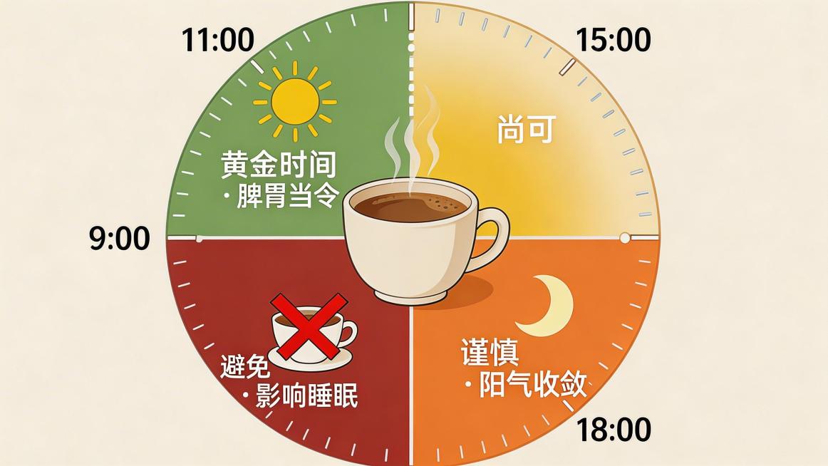 信息图表风格圆形构图咖啡时间提示信息图，画面为圆形钟表盘，按一天时间轴划分区域：9点到11点为绿色区域，上方有太阳符号，标注文字“黄金时间 · 脾胃当令”；11点到15点为黄色渐变区域，标注文字“尚可预览效果