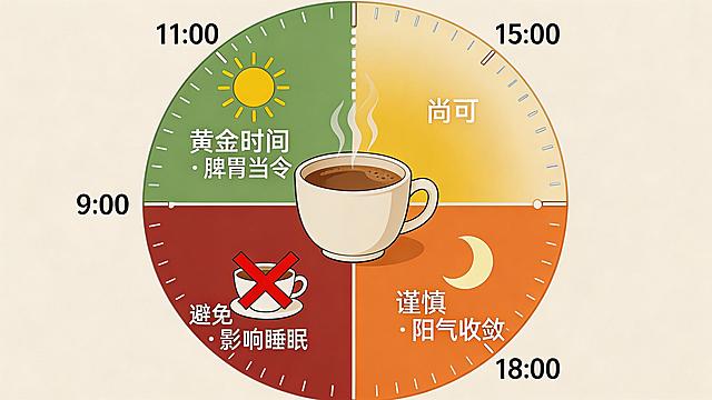 信息图表风格圆形构图咖啡时间提示信息图，画面为圆形钟表盘，按一天时间轴划分区域：9点到11点为绿色区域，上方有太阳符号，标注文字“黄金时间 · 脾胃当令”；11点到15点为黄色渐变区域，标注文字“尚可”；15点到18点为橙色区域，上方有半显的月亮符号，标注文字“谨慎 · 阳气收敛”；18点以后为红色区域，有打叉的咖啡杯图案，标注文字“避免 · 影响睡眠”。钟表中心是一杯咖啡，咖啡热气向上飘散形成表盘刻度，色彩分级清晰，适合做信息图卡片。