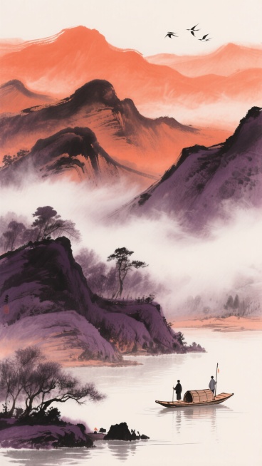 中国传统水墨画风格，以橙红与深紫为主色调，描绘层叠起伏的远山，山间云雾缭绕，呈现出朦胧神秘的氛围，水面上一叶扁舟载着两人，天空中有飞鸟掠过，笔触流畅写意，留白恰到好处，营造出宁静悠远的意境。预览效果