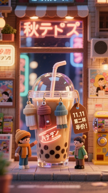 ① 主体：超大珍珠奶茶玻璃杯（透明）
② 橱窗：杯壁内嵌 4 款秋冬围巾+针织帽，吸管孔挂奶茶香氛吊饰
③ 吊卡：焦糖棕卡纸「11.11 第二杯半价」
④ 背景：日本秋叶原微缩街景，霓虹灯、漫画店、扭预览效果