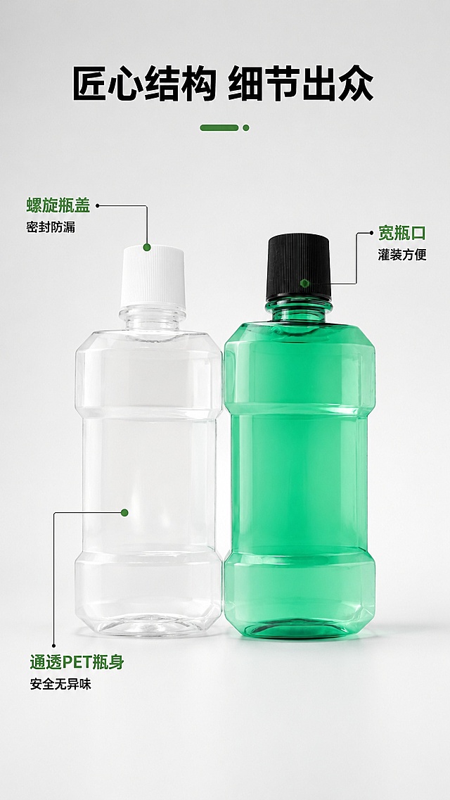 [第3屏] 结构细节解析页，引线标注漱口水瓶关键部位，本屏使用【图2】作为商品主体。
[氛围/风格] 专业细节展示，清晰通透，简约干净的工业设计质感。
[元素布局] 产品居中放置，占比约70%；用细引线引出三个关键部位：食品级PET瓶身、螺旋密封瓶盖、宽瓶口设计，每个引线对应简短功能说明，保留产品原始形状、颜色和比例结构不变。背景为浅灰渐变，突出产品细节。
[光影质感] 侧前方柔光，突出瓶身通透质感和接口轮廓，细节纹理清晰，阴影自然。
[配色色系] 全局底色 #F8FBF9；主色浅灰底色+产品原绿色透明；辅助色黑色引线文字、绿色高亮标注。
[视角构图] 正面平视细节构图，产品居中，标注围绕产品分布，不遮挡主体。
[文字版式] 顶标题「匠心结构 细节出众」，三个引线标注分别为：「通透PET瓶身 安全无异味」「螺旋瓶盖 密封防漏」「宽瓶口 灌装方便」，字体清晰，标注不遮挡产品主体。
[比例分辨率] 9:16 竖版比例，4K 分辨率，文字清晰可辨，高清画质。
[负向提示词] 结构错误，瓶身变形，标注遮挡产品，文字错乱，颜色偏差，水印。