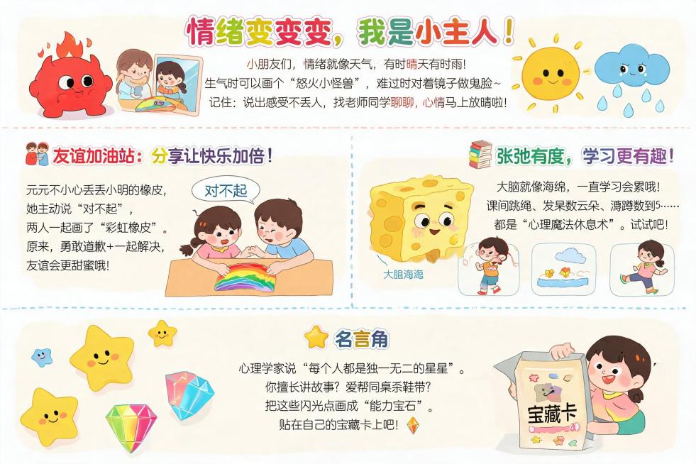 小学心理健康知识科普海报，整体风格活泼有趣，卡通风格，色彩明亮。排版分四个板块：
1. 大标题区：主标语"情绪变变变，我是小主人！"，文字下方配说明文字：小朋友们，情绪就像天气，有时晴天有时雨！生气时预览效果