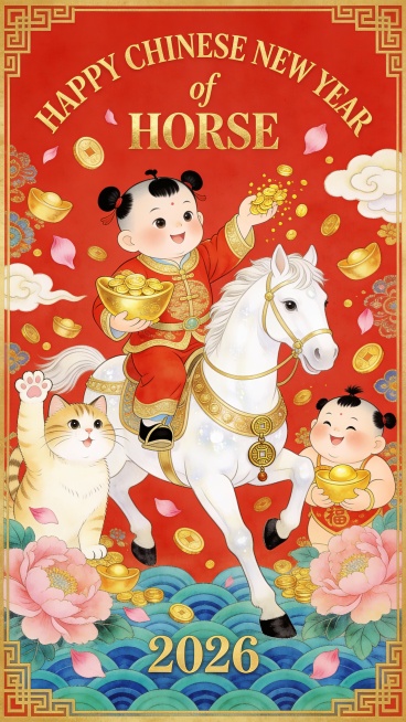 动画风格。主体为小财神骑白玉马（小财神穿红金财神服，左手托大金元宝，右手撒金币；白玉马饰金鞍与铜钱吊坠，呈腾跃姿态）。马匹两侧有招财猫与福娃（左侧招财猫举爪招手；右侧福娃托元宝微笑）。空中飘浮大量金币预览效果