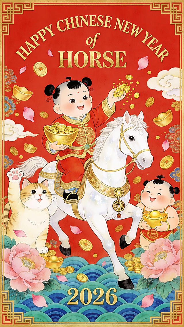 动画风格。主体为小财神骑白玉马（小财神穿红金财神服，左手托大金元宝，右手撒金币；白玉马饰金鞍与铜钱吊坠，呈腾跃姿态）。马匹两侧有招财猫与福娃（左侧招财猫举爪招手；右侧福娃托元宝微笑）。空中飘浮大量金币、元宝、粉色牡丹花瓣与祥云。顶部弧形排列烫金质感的 “HAPPY CHINESE NEW YEAR” “of” “HORSE”，下方正中央为数字 “2026”。底部饰蓝绿色波浪纹样，画面四周设金色中式回纹边框，红色背景，招财喜庆。