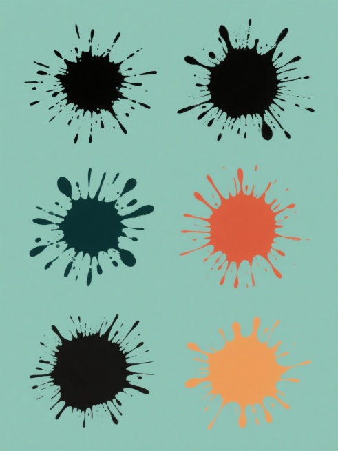 纯色背景上的六个完全不同造型的泼墨元素系列素材集合，每个泼墨元素都保持原始的水墨质感和随机飞溅的自然形态，整体色彩变换为多种不同的纯色，元素规整排布，无任何文字预览效果