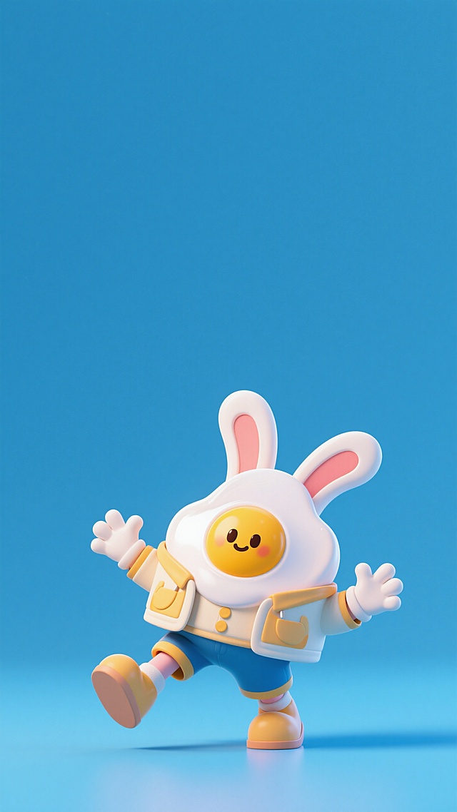 软3D风卡通兔子，拟人化设计，可爱感十足，蓝色背景衬托活泼氛围。