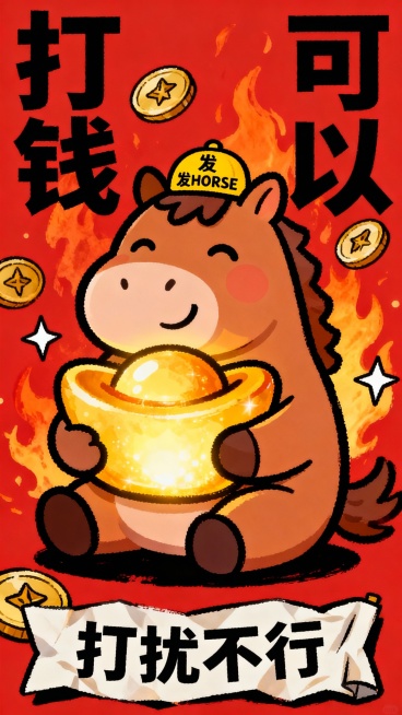 Meme-style New Year poster for Year of the Horse, targeting young office workers, naive art aestheti预览效果