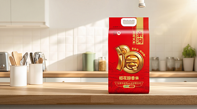 将红色的亲淘五常稻花香大米包装袋放在图中木质台面展示，整体明亮温馨自然，厨房背景保持不变，产品包装清晰完整，画面比例为16:9，电商宣传效果图