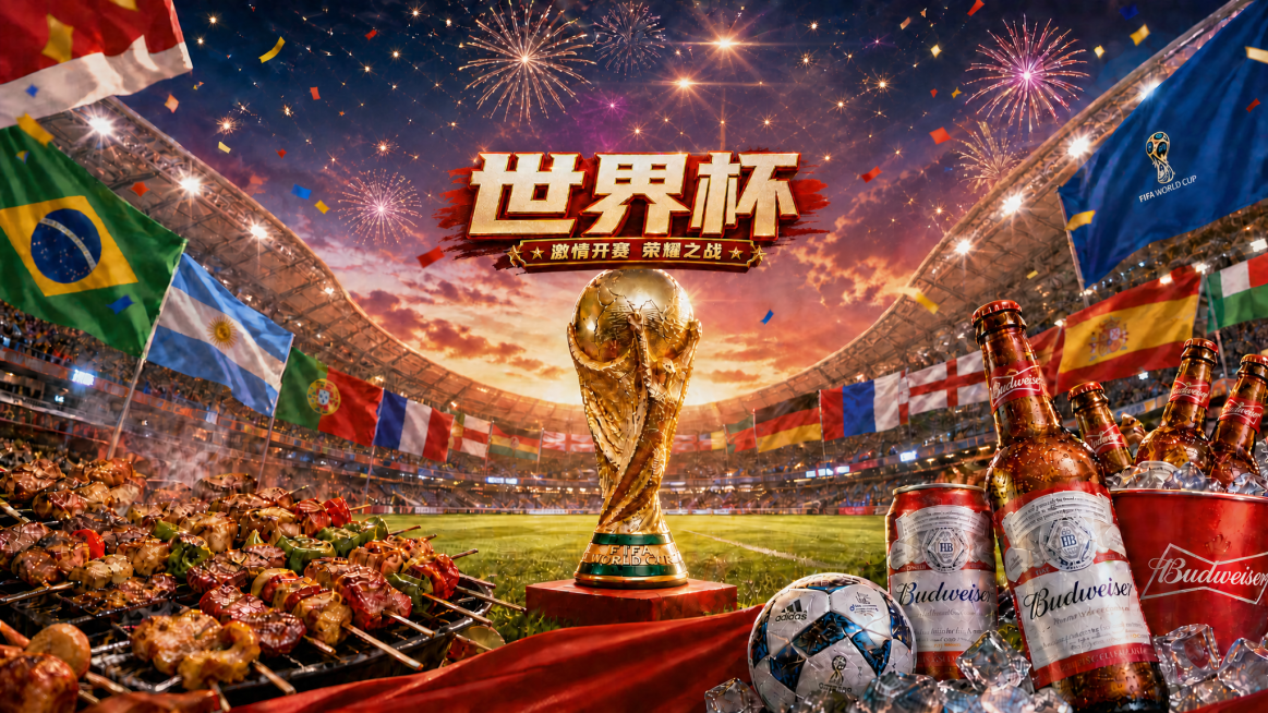 将图片上方的世界杯大字标题logo整体向下移动到世界杯奖杯上方的位置，保持logo大小不变，保持其他所有内容不变，不做修改预览效果