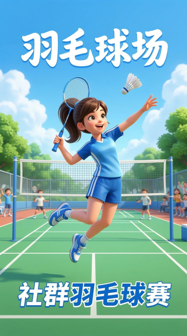 充满活力的竖版羽毛球社群赛宣传海报，采用3D卡通皮克斯风格，主色调为清新的天空蓝与球场绿，搭配蓝白撞色的运动服饰。画面中心是一位扎着马尾的卡通少女，身着白蓝运动服与专业运动鞋，正高高跃起挥拍击球，姿态预览效果