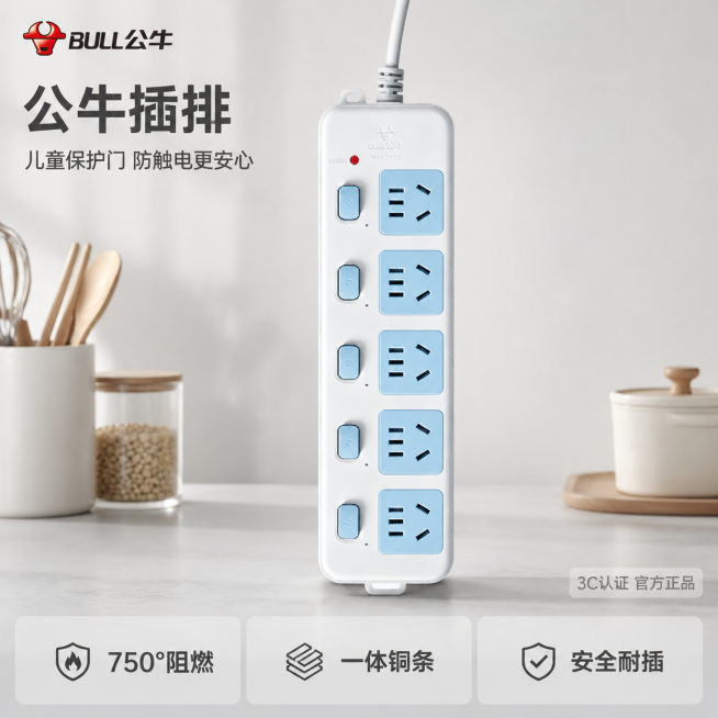 [主图-1] 公牛插排首图展示，融入简洁厨房台面场景。
[氛围风格] 简约灰白配色，实用安全感，明亮洁净。
[画质] 商业摄影质感、光线柔和通透、产品清晰真实、画面干净高级。
[元素] 公牛插排居中展预览效果