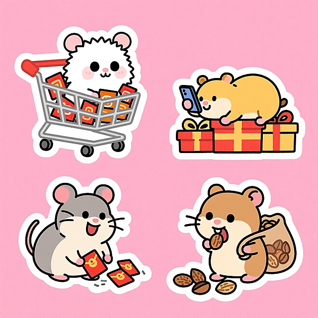 4个物品组合，白色背景，上下两行，排列整齐。第一个：一个白色毛发的大眼可爱仓鼠，坐在银色的巨大购物车里，里面有很多红色橙色包装的零食。第二个：一只金丝熊仓鼠玩着手机躺在一大堆礼物盒上面。第三个：一只仓鼠开心地捡地上的很多红包。第四个：一只仓鼠把坚果塞自己嘴里，嘴鼓鼓的，背着大大袋子，里面的坚果快溢出来了。粉色纯色背景。高饱和配色。