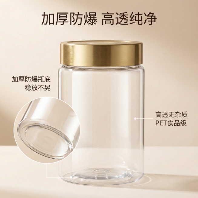 [主图3] 亚金盖储蓄瓶材质细节展示，舒适简约高级场景，侧逆光拍摄，浅色暖背景，特写放大展示瓶身的高透质感，清晰展现瓶身无杂质、晶莹通透的特点，同时放大展示加厚防爆瓶底的细节，上方主标题文字“加厚防爆预览效果