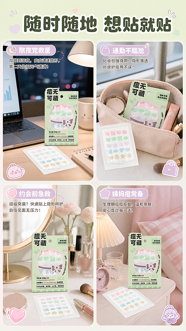 [商品] 使用【图1】产品包装、【图2】痘痘贴内袋；保留产品原貌，融入不同生活场景。
[画面] 目标：多场景种草，展示随身便携、随时护理。构图：2×2四宫格拼图，分别展示4个场景：左上-熬夜办公（电脑旁放产品）、右上-通勤补妆（化妆包内产品）、左下-约会前护理（梳妆台场景）、右下-经期护理（床头柜场景）。每格有场景氛围+产品融入。主体在每格中占约30%，前景为场景道具，中景为产品，后景为场景环境。
[视觉] 套系策略：风格=马卡龙清新少女风商业摄影；标题字=圆润可爱粗体字；正文字=简洁圆润无衬线体；主色=薄荷绿+樱花粉；背景延展=基于薄荷绿和樱花粉做渐变柔雾、同色系深浅层次、细腻磨砂质感；强调色=淡紫色，仅用于小面积图标、引线和标签装饰；标题色=深抹茶绿；正文色=暖灰棕；组件=圆角胶囊信息卡、虚线引线、可爱图标；光影=各场景自然柔和光线，整体色调统一。
[文字] 顶部主标题"随时随地 想贴就贴"；四宫格每格配小标签："熬夜党救星"、"通勤不尴尬"、"约会前急救"、"姨妈痘常备"；文字全部横排，字号适中不遮挡场景主体。
[规格] 图片比例9:16竖版，4K，避免变形、错字、文字过小、产品在场景中比例失调。