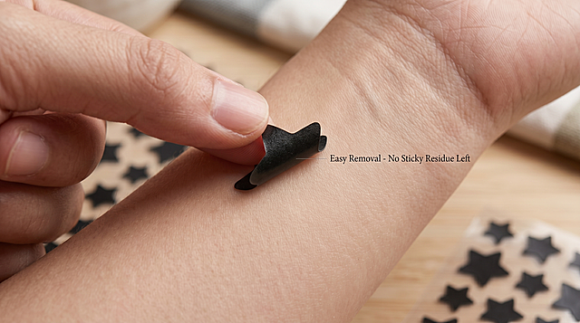 Gently peeling star acne patch from skin edge, no sticky residue left, English text "Easy Removal - No Sticky Residue Left", keep black star shape from reference image, ultra clear, rich details, realistic and natural, 16:9 ratio