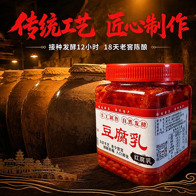 [主图-2] 传统工艺 匠心制作 产地溯源
[统一基调] 淘宝天猫食品风格 传统中式暖色调 深棕木色背景 主标题红色粗笔刷书法字 辅助文案白色黑体 强调色金色
[画面] 左侧老式陶坛发酵场景，多个大陶坛整齐排列在老窖中，坛口用荷叶和黄泥封口，暖黄色灯光照射。右侧一瓶红腐乳产品特写，透明方瓶红瓶盖。上方标题：传统工艺 匠心制作，红色书法体。下方文案分两行：接种发酵12小时 18天老窖陈酿，白色字。底部有绍兴古城剪影装饰。
[光影质感] 暖黄色窖池灯光 陶坛有岁月质感 瓶身玻璃通透有反光 腐乳红亮有光泽 商业摄影质感
[配色] 深棕色老窖背景 暖黄色灯光 红色标题 白色文案 金色装饰线
[文字版式] 主标题红色粗笔刷书法字 放在上方 辅助文案白色黑体 字号明显小于标题 右对齐或居中 不遮挡产品主体
[输出要求] 1比1正方形 2048px 文字清晰 产品清晰 传统老字号氛围 禁止变形 错字 模糊 杂乱 水印 平台Logo 禁止极限词