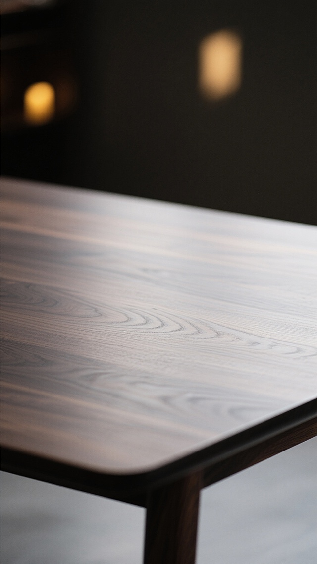 极简主义风格，特写镜头下的深色实木餐桌，清晰展现自然流畅的木纹肌理，桌面光滑有细腻反光，柔和的侧光从左上方照射形成温暖渐变光影，背景为模糊的深色空间，仅有远处几点暖黄色光斑点缀，整体氛围宁静、简约而富有质感，突出木材本身的材质美感与结构线条。