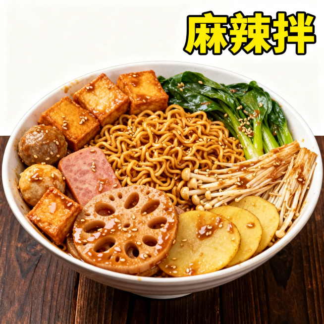 一碗东北黏糊麻辣拌，放在深色木质餐桌面上，非纯白背景，干拌无汤，里面包含鱼豆腐、鱼丸、方便面、藕片、午餐肉、土豆片、青菜、金针菇，食材摆放自然凌乱，每样食材都均匀裹满浓郁芝麻酱酱汁，色泽诱人超有食欲，预览效果