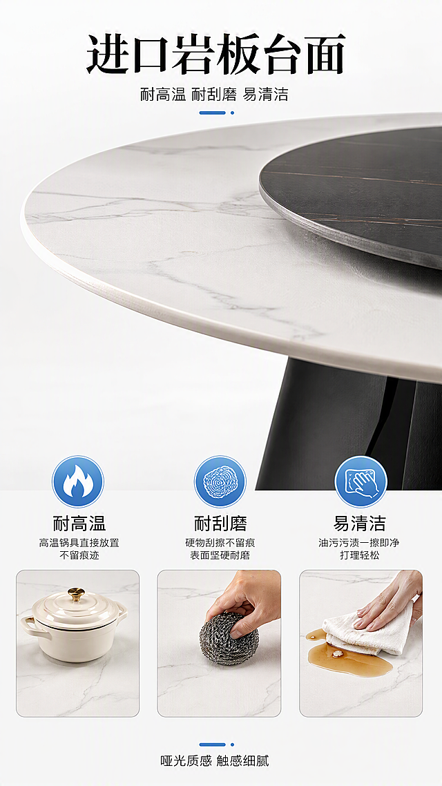 [第3张] 详情页材质解析-岩板台面工艺与性能展示。本张使用【图1】桌面部分作为材质特写主体，放大展示岩板台面细节。
[氛围/风格] 专业材质解析风，亮色调干净背景，科技感与品质感兼具，商业摄影质感。
[元素布局] 上半部分为岩板台面微距特写，展示哑光雪山石细腻纹理与表面质感，边缘打磨工艺清晰可见；下半部分左右分布3个性能图标演示区：左侧耐高温演示（火焰图标+热锅放置示意），中间耐刮磨演示（钢丝球图标+刮擦示意），右侧易清洁演示（抹布图标+污渍擦拭示意）；产品桌面结构、材质与输入图一致。
[光影质感] 顶部柔光均匀照射，岩板表面有细腻高光，突出哑光质感与纹理层次，阴影柔和。
[配色色系] 全局底色 #FAFAFA 纯白亮调；主色白色岩板纹理；辅助色浅灰、深灰；点缀色浅蓝图标。
[视角构图] 上特写下信息，垂直阅读动线，从上到下。
[文字版式] 顶部主标题「进口岩板台面」，副标题「耐高温 耐刮磨 易清洁」；下方三个性能区各有图标+4字标签：「耐高温」「耐刮磨」「易清洁」，配简短说明文字；底部小字「哑光质感 触感细腻」；文字不遮挡材质特写主体。
[比例分辨率] 9:16竖版比例，4K分辨率，文字清晰可辨，高清画质。
[负向提示词] 桌面变形，纹理错乱，颜色偏差，水印，文字错乱，文字过小，产品图模糊，背景杂乱。