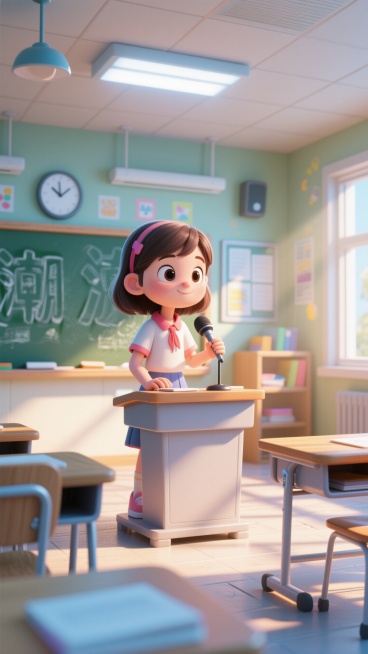 3D卡通风格，可爱小女孩站在学校讲台上演讲，阳光洒满教室，干净明亮的校园场景预览效果