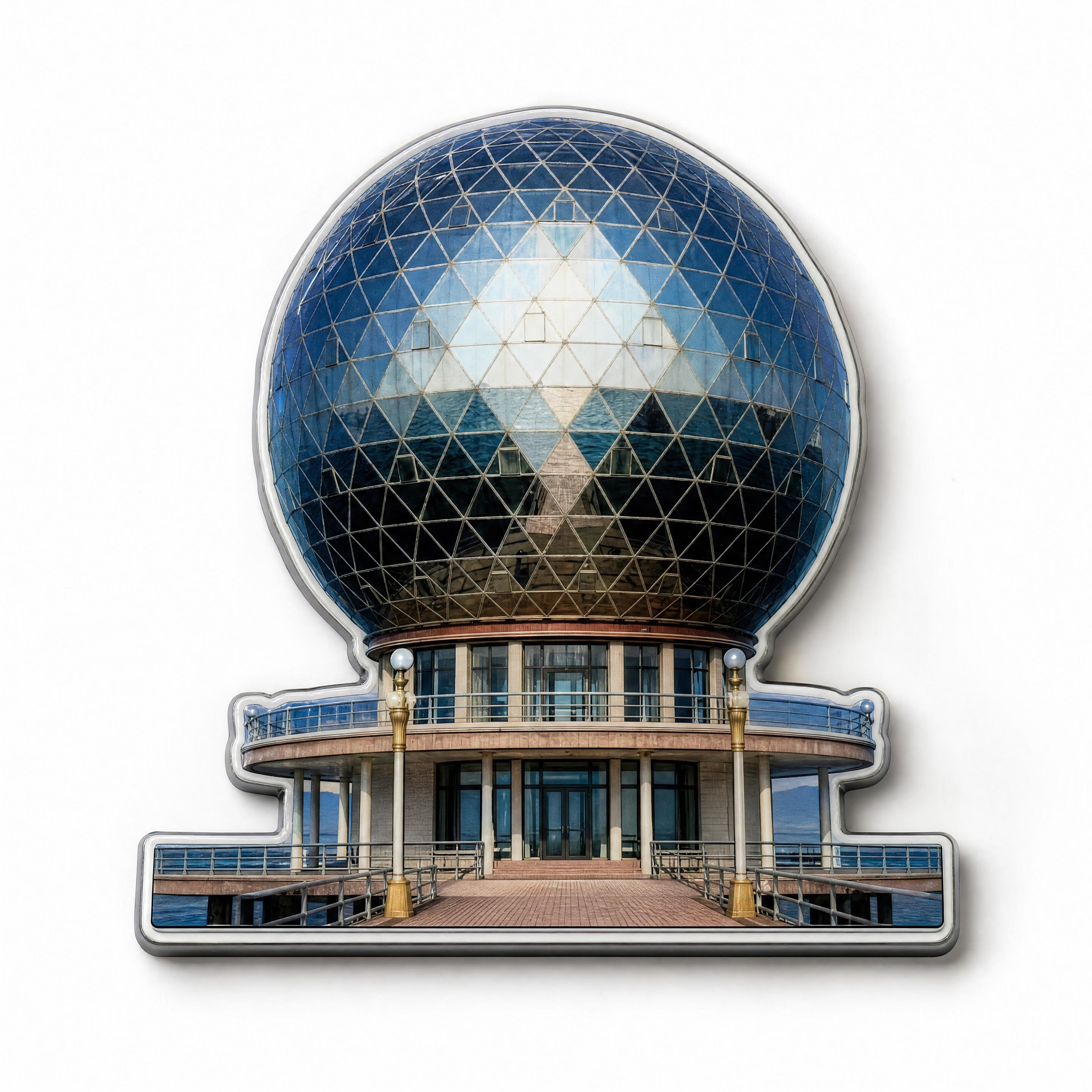 将图中的黄海明珠球形建筑制作成现实风格的冰箱贴，保留建筑的玻璃… - 图片创意预览