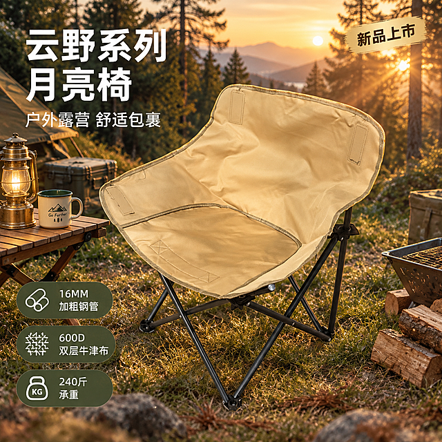 [主图-1] 户外露营场景首图-云野系列月亮椅旷野卡其色。
[氛围风格] 高级户外露营风，自然森系质感，黄昏黄金时刻氛围；
[画质] 商业摄影质感、光线柔和通透、产品清晰真实、画面干净高级。
[元素] 旷野卡其色月亮椅置于画面中心偏右，45°斜侧视角展示完整U型包裹造型。椅子放置在森林边缘的草地上，周围有露营装备点缀：左侧折叠小木桌+黄铜色露营灯+搪瓷杯，右侧小型焚火台（无明火）+堆叠的原木。背景是层叠的松树林，远处山峦隐约可见，天空呈现黄昏暖橙色渐变。前景有几片散落的松针和小石子增加层次感。**保持月亮椅外观（即物理结构、材质质感、旷野卡其颜色）与输入产品图一致，杜绝任何变形和色差，精细化处理；场景图允许光影/阴影随当前场景调整以融入环境，禁止产品边缘硬切、悬浮感**。商品主体占比约65%；画面满屏无边框。
[光影] 黄昏侧逆光为主光源，从右后方穿过树林形成丁达尔光效，在椅面和椅背上勾勒出金色轮廓光；左侧环境光补光，草地和椅子底部有自然柔和的投影；整体暖金色调，光影层次丰富，质感通透。
[配色] 主色旷野卡其+森林绿；辅色黄昏暖金+深棕木色；强调色露营灯暖黄光。
[视角构图] 平视微俯45°角，椅子为视觉中心；前中后景分层清晰，前景草地虚化，中景椅子锐利，背景树林柔化，景深中等。
[文字版式] 左上负空间左对齐留安全边距。主标题大字「云野系列 月亮椅」白色粗体无衬线最大号；副标题「户外露营 舒适包裹」白色中号约半高。左下三列图标+短文案竖排：「16MM加粗钢管」「600D双层牛津布」「240斤承重」，白色小字配深绿半透明圆角胶囊底。右上角「新品上市」暖金色小标签。
[输出要求] 1:1比例，文字清晰锐利，超高清商业摄影质感。
[负向提示词] 变形，文字错乱，产品图模糊，背景杂乱，水印，电商平台Logo，人物面部扭曲，多余手指。