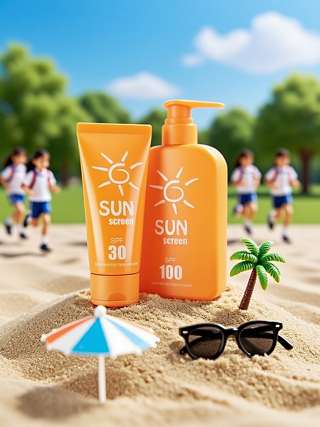 3D微缩艺术风，清新清爽感，防晒霜与沙滩小景，夏日度假氛围。