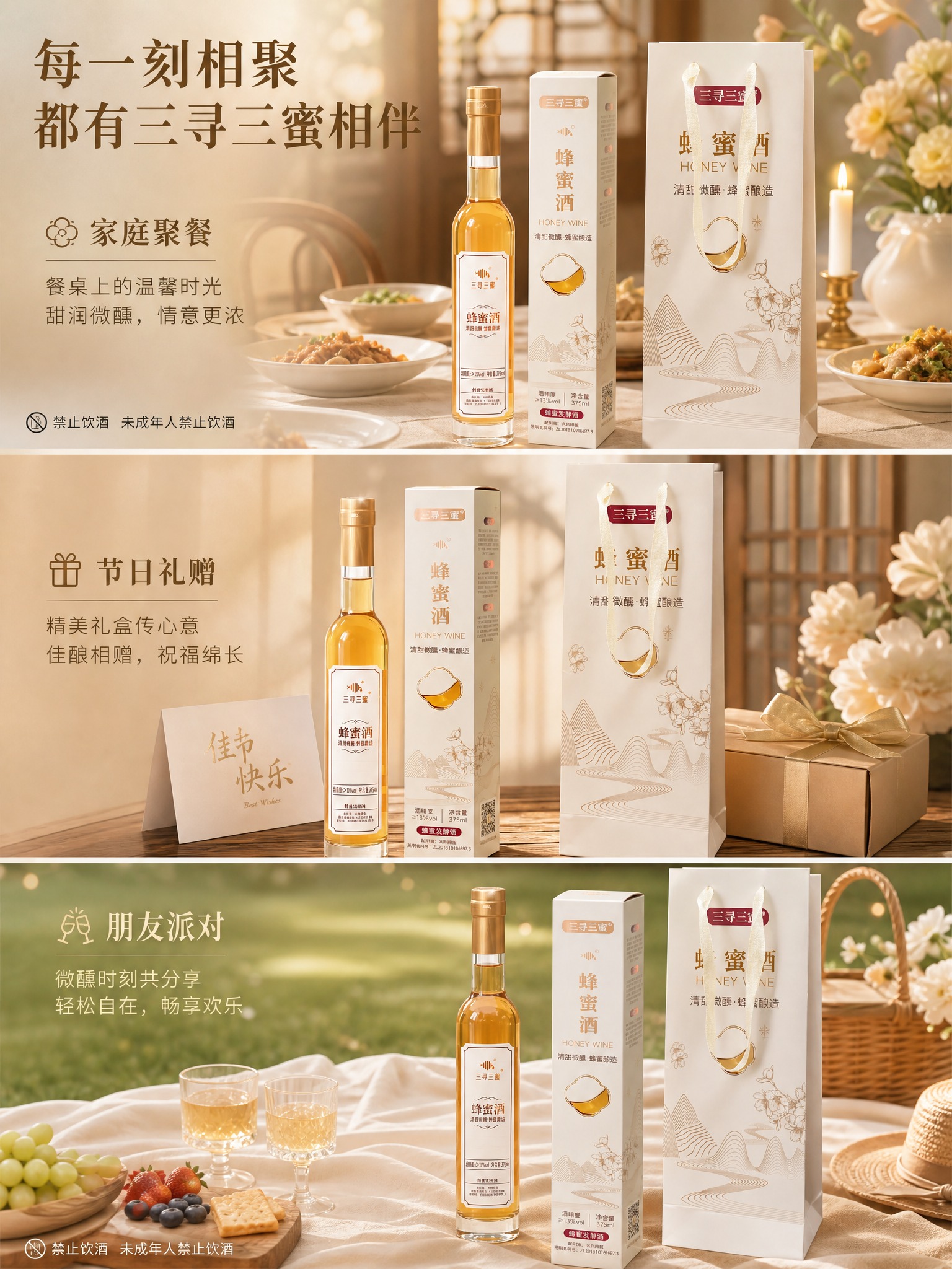 详情页场景种草页，三寻三蜜蜂蜜酒。新中式轻奢风格，米白+琥珀金… - 图片创意预览