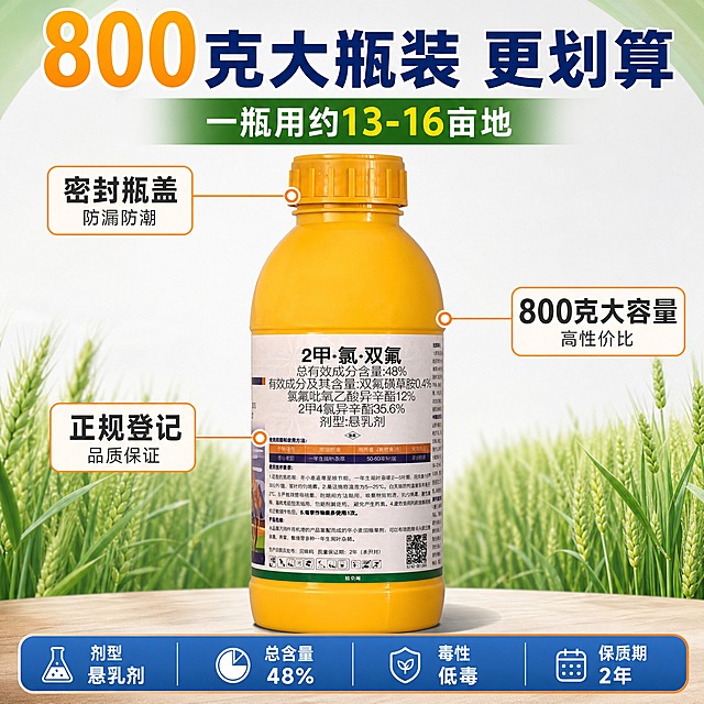 [主图-6] 48% 2甲·氯·双氟 小麦田除草剂（800克装）规格包装展示图，展示800克大瓶装规格和产品细节，农资规格展示风。
[统一基调] 整体风格：农资电商高转化海报风，满版信息密度高，大字醒目；背景主色：麦田绿渐变+浅灰底；标题字色：深蓝+橙黄强调；辅助字色：深灰；强调色：橙黄；字体样式：粗黑无衬线大字，层级分明；卡片样式：圆角橙边卖点胶囊；整体明快专业，突出性价比与专业感。
[画面] 顶部大标题"800克大瓶装 更划算"，副标题"一瓶用约13-16亩地"。中心为800克装黄色瓶身除草剂产品正面大图，占画面约50%，平视角度，标签细节清晰可见。产品周围三个细节标注引线：指向瓶盖写"密封瓶盖 防漏防潮"，指向瓶身写"800克大容量 高性价比"，指向标签写"正规登记 品质保证"。底部参数栏横排："剂型：悬乳剂""总含量：48%""毒性：低毒""保质期：2年"。
[光影质感] 商业产品摄影质感，瓶身细节清晰，标签文字锐利，光影柔和自然，底部有自然投影。
[配色] 背景浅灰渐变带浅绿边，标题深蓝色，"800克"数字橙黄色超大突出，细节标注文字深灰，参数栏浅蓝底白字，产品瓶身保持黄色原样。
[文字版式] 粗黑无衬线字体，主标题大号加粗，800克数字特大号橙黄，细节标注引线文字清晰，参数栏文字整齐排列。产品居中，文字分布在四周。
[输出要求] 1:1正方形，文字清晰无错字，产品细节清晰不变形，无水印无平台Logo，无极限词。