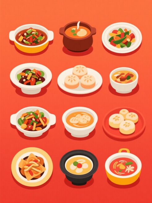 【中国传统美食系列素材集合】纯色背景，扁平化设计风格，整体采用高饱和度暖色调（红色、橙色、黄色为主），画面中包含多种中式菜肴，有炖品、炒菜、点心、汤羹等，各类菜品用不同形状和颜色的餐具盛放，餐具设计简约现代，所有元素规整排布，形成有序的视觉节奏，无文字信息，适合作为餐饮相关的系列素材使用。预览效果